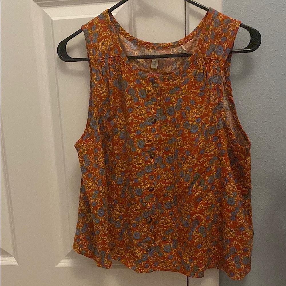 Toad&Co Orange Floral Sleeveless Blouse with Blue Accents